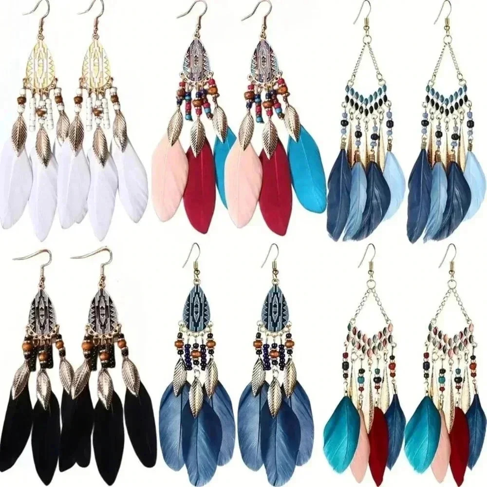 Feather Tassel Bohemian Earrings (6 Pairs for $24.00) (Color: Mixed)